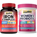 Iron Supplement for kvinner & menn, med vitaminer C, B6, B12 & Folate + Vitaliber Women's Probiotika 100 milliarder CFU, 15 Strains, w/Prebiotic, Cranberry, Vitamin B6 & VC,