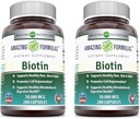 Amazing Formler Biotin 10000 mikrog Veggie Kapsler | Vitamin B7 Supplement | Ikke-GMO | Glutenfri | Laget i USA (200 greve | 2 pakke)