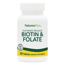 Natures Plus Biotin & Folinsyre (Metylfolat), frigjøring - 30 vegetariske tabletter - vitamin B7 & vitamin B9, støtter hårvekst, energiforsterker, prenatal vitamin - Glutenfri - 30 Services