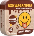 Happy Strips Organic Ashwagandha KSM 66 & GABA for Stress Relief, Rolighet, Søvn - Rask aksjon og rask dissolving, Sjokolade Mocha Flavored, Økologisk, Vegansk, Sukkerfri - 30 Teller