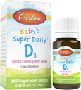 Carlson - Babys Super Daily D3, Baby vitamin D-dråper, 400 IU (10mg) per dråpe, 1-års forsyning, vegetarisk, flytende vitamin D for spedbarn og tilhengere, uslavored, 365 Drops