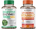 Helt some Wellness Digestive Enzymes 1000MG Plus Prebiotika og probiotika + Liposomal vitamin C kapsler (200 piller 1500mg Buffered) Bundle