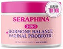 Seraphina Vaginal Probiotika 2-i-1 for kvinner + hormonbalanse - 90 kapsler komplett feminin omsorg, PMS & urinveistrakt helse, prebiotiske blanding, 10 milliarder CFU, 6 strimler (90 tall)