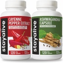 STAY ELIVE Cayenne og Ashwagandha Bundle m/Black Pepper Extract Capsules, 240 Vegan piller, ikke-GMO & Glutenfri Ashwagandha Cayenne Pepper Supplement