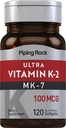 Piping Rock Vitamin K2 MK7 | 100 mg | 120 Softgels | Ikke-GMO, Glutenfri Supplement