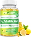 Vitamin B2 Gummies for voksne og barn - Riboflavin 400mg Supplement med magnesiumglykinat & CoQ10, Støtte Migrain Relief & Nervesystem, Boost Energy, Sukkerfri Vegan B2 Gummies Lemon Flavor