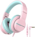 iClever HS19 Kids Hodetelefoner med mikrofon for skolen, Safe Volume Limited, Over-Ear Jenter Hodetelefoner for barn med Shareport, Sammenleggbar Wired for iPad/Travel (Pink)