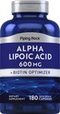 Piping Rock Alpha Lipoic Acid 600mg 180 Kapsler Plus Biotin Optimizer ALA Supplement ikke-GMO, Glutenfri