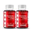 Vitamatic 2 Pack Vegan Cranberry Gummies med D-Mannose, Probiotiske og vitamin C for kvinner Urin Tract Health - 25000mg Ekvivalent Per Serving (fra 50:1 Ekstrakt 500 mg) - 60 Count