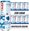 FITAID RX Zero Sukker, Innkapslet kreatin, Trening Recovery Drink, All-In-One Blanding, BCAA, Glukosamine, Turmerisk, B-Complex, Electrolytes, Blå bringebær, 12 Fl Oz (Pack of 24)