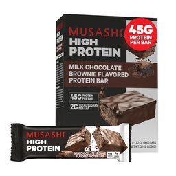 MUSASHI High Protein Bar, 45g Protein, 2g Total Sukker, Melk Sjokolade Brownie, Post Trening og Protein Snack På farten, 12 Pack av 3,2oz (90g) Bars
