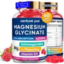 60 dagers forsyning magnesiumglycinat 400 mg gummier med Ashwagandha, L-theanin, CoQ10, Vitamin D3 & B6, sukkerfri magnesium gummier for voksne og barn, stress relief, søvn og ro, vegansk, glutenfri