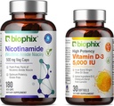Biophix B-3 Nicotinamid 500 mg 180 Vcaps Plus Gratis vitamin D-3 5000 IU 30 Softgels - Nicotinic amid Niacin Natural Flush-fri vitamin formel - støtter huden celle helse