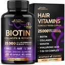 NUTRAHARMONY Biotin | Collagen | Hyaluronsyre | Keratin - støtte normal hårvekst syklus - hud og negler - 25000mcg vitaminer B1, B2, B3, B6 & B7 - for kvinner og menn - laget i USA | 60 kapsler