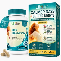 UltaLife Her Harmony Menopause Supplements for kvinner - Hot Flashes Menopause Relief & Hormone Balance for kvinner - Inneholder Black Cohosh, Dong Quai, Red Clover & Mer - Estrogen Gratis - 120 Kapsler