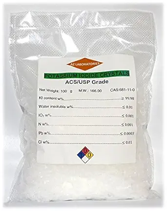 Kalium jodid, USP Grade 100 gram. Fine krystaller pulver