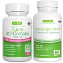 Super B12-Complex 1000mcg + Avansert Ashwagandha KSM-66, L-Theanine & Magnesium Bundle, høy absorpsjon sublingual vitamin B12 + Multi Action Adaptogen Complex, av Igennus