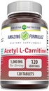 Amazing Formler Acetyl L-karnitin Supplement | 1000 Mg Per Serving | 120 Tabletter Supplement | Ikke-GMO | Glutenfri | Laget i USA
