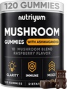 Mushroom Gummies 10 Bland 120 stk - Lions Mane, Ashwagandha, Tyrkia Tail, Cordyceps, Chaga, Reishi Moshroom Complex - Mushroom Supplement for immun, energi, klarhet og kognitiv