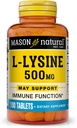 MASON NATURAL L-Lysine 500 mg med kalsium - Forbedret immunfunksjon, forbedret næringsstoffer absorpsjon, essensiell aminosyre, 100 tabletter