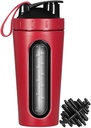Protein Shaker Flaske, rustfritt stål Shaker Cup, Sportsmikser vannflaske, synlig vindu, Leak Proof, Ingen BPA med blandingskule for Gym Fitness Trening, 28 Ounce, Rød