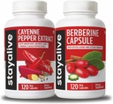 STAY ALIVE Cayenne og Berberine Bundle med Ceylon Cinnamon og Bitter Gourd Extract, 240 Vegan piller, ikke-GMO & Glutenfri Berberine Cayenne Pepper Supplement