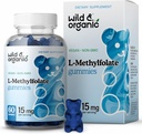 Wild & Organic L-Metylfolat 15mg Gummies - Mood & Brain Support - Folate 5-MTHF Supplement for hjerne, fokus, klarhet - Folate Supplement w/Vitamin B9-60 Non-GMO L Metylfolat Gummies