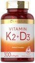 Carlyle vitamin K2 D3 Supplement | 300 Softgels | 200mcg K2 MK7 & 10.000 IU D3 | Ikke-GMO, Glutenfri