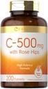 Carlyle Vitamin C med Rose HIPS 500 mg | 200 tabletter | høy potens formel | vegetarisk, ikke-GMO og Glutenfri Supplement