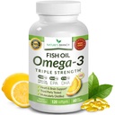 Best trippel styrke Omega 3 fisk olje piller 2400mg | 120 kapsler | Burpless høy styrke sitron flavor | 864mg EPA 576mg DHA Ultra ren flytende mykgels | Hjerneledd øyne hår hjerte helse supplement
