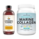 Marine Collagen pulver + vitamin C - Perfekt hud fra Innenfor Combo. Wild-Caught Cod Fish Peptider, Liposomal VIT C flytende 1000mg. Økt produksjon og syntese for sunn aldring, skjønnhet, velvære.