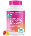 Pink Stork Fertilitet + Prenatal + Postnatal Gummy Vitaminer – Full morskap reise støtte – Multivitamin med folat, B vitaminer, sink og biotin – 60 Assortert frukt gummier