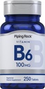 Piping Rock Vitamin B-6 100 mg Supplement | 250 tabletter | som Pyridoxin hydroklorid | Ikke-GMO og vegetarisk formel