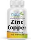 PACIFIC NATURE sink kobber Supplement (150 kapsler) med 50 mg sink gluconat, 2 mg kobbersulfat for immunstøtte - Glutenfri, ikke-GMO