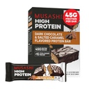 MUSASHI høyproteinbar, 45g Protein, <1g Total Sukker, mørk sjokolade og saltet karamell, post trening og protein snack på farten, 12 pakke med 3,2oz (90g) barer