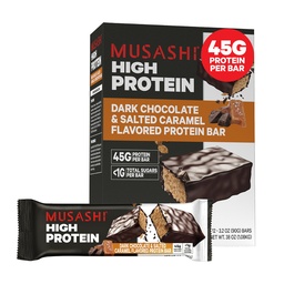 MUSASHI høyproteinbar, 45g Protein, <1g Total Sukker, mørk sjokolade og saltet karamell, post trening og protein snack på farten, 12 pakke med 3,2oz (90g) barer