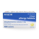 MAJOR 4 Mg Allergy Tabletter - Klorfeniramin Maleat 4- Hour Allergy Medisin - Antihistaminer for lindring av Sneezing, kløende vannaktige øyne, kløende throat og runny nese - 100 greve (1 pakke)