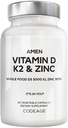 Amen Vitamin D, K2 & Sink, Kolekalciferol D3 5000 IU, organisk hele matblanding med Apple, Blåbær, Cranberry, Elderbær pulverfrukter, Vegansk Supplement, D3 K2 vitaminer, Ikke-GMO - 60 kapsler