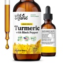 Wild & Organic Turmeric Supplement flytende - Felles støtte - Turmeric Curcumin med svart pepper ekstrakt - Curcumin Root Drops - Vegan, Sukker og alkoholfri tinktur - 2 fl oz