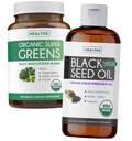 Super Greens & Black Seed Oil (3-måneders forsyning) Herbal olje blanding bunke av organisk Super Greends pulver - komplett supermat (180 kapsler) og organisk svart frø olje væske - kaldt presset (8 fl oz)