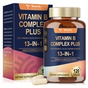 13-i-1 vitamin B-kompleks Plus med vitamin B1, B2, B3 (Niacinamid), B4, B5, B6, B7 (Biotin), B8 (Inositol), B9 (Folat), B12, C, D3, K2 - Energi, Nerve, Immun, Hudstøtte - 120 Vegankapsler