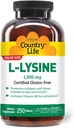 Country Life L-Lysine 1000mg med B-6, støtter immunhelse, fremmer kollagenfornyelse i lepper og munn, 250-fylke, sertifisert Glutenfri, sertifisert Vegan
