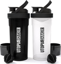 Utopia Hjem Shaker Flaske 2 Pack - 24 Ounce Plastprotein eller Cocktail Shaker Flaske for Pre & Post trening med Twist & Lock Protein Box Oppbevaring (All Black & Clear / Black)
