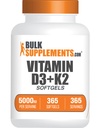 BulkSupplements.com Vitamin D3 + K2 5000 IU Softgels - D3 K2 Supplement, for immunhelse - Glutenfri, 1 Softgel per servering, 365 Count (Pack of 1)