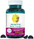 NEURIVA Hjerne + Energi Gummies, Nootropic Brain Kosttilskudd for fokus og konsentrasjon med nevrofaktor, vitamin B12 & koffein for en energiøkning*, 75ct naturlig svartberry