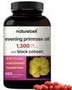 NatureBell Aften Primrose Olje med svart cohosh, 1.300mg Per Serving, 300 Mini-Softgels | Kaldt presset frø, inneholder 130mg GLA for kvinners helse og hudpleie støtte - Heksan gratis, ikke-GMO