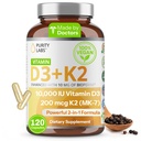 Renhet Labs Vitamin D3 K20000 IU, (250mcg) D3 + 200mcg K2 MK7 - Immunstøtte Supplement Forbedret med Bioperine - Kosttilskudd for daglig forsvar, bein, muskel og hud helse - 120 Kapsler
