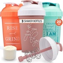 GOMOYO [3-Pack] 20-Ounce Shaker-flaske med Action-Rod Mixer | Protein Shaker-flaske med Motivationelle sitater | Shakers for Protein Shakers er BPA gratis og oppvaskmaskin trygt | Coral, Mint, & Rose