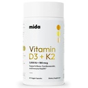 Mida Health® D3 K2 Vitamin 5000 IE med MK-7 | Naturlig kosttilskudd for bein, hjerte og immunstøtte | Voksen Vegan Capsules