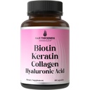 Biotin + Keratin + Marine collagen + Hyaluronsyre, 4-i-1 Hårvekstvitaminer med 10000mcg Biotin Kapsler, Tykking kompleks for kvinner og menn med hårfinning